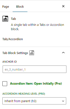 screenshot of the Tab block settings
