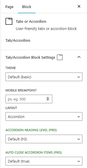 Screenshot of the Tabs Container Block settings for accordion layout